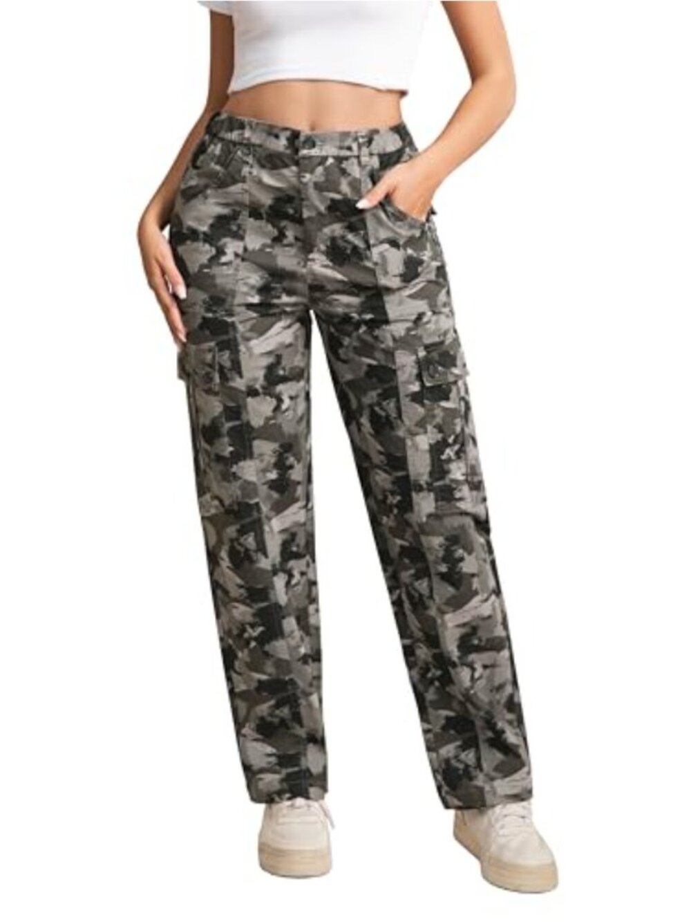 High Waisted Cargo Pants Cotton Spandex Stretch Straight Leg Utility
